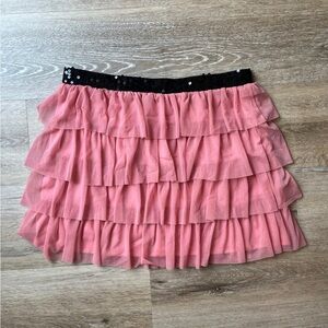 Pink Tiered Ruffle Mini Skirt with Sequin Waistband – Size L